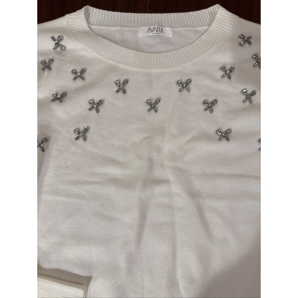 Avara Bow Rhinestone Sweater Women X-Large Ivory Puff Sleeve Soft ‎ NEW Holiday